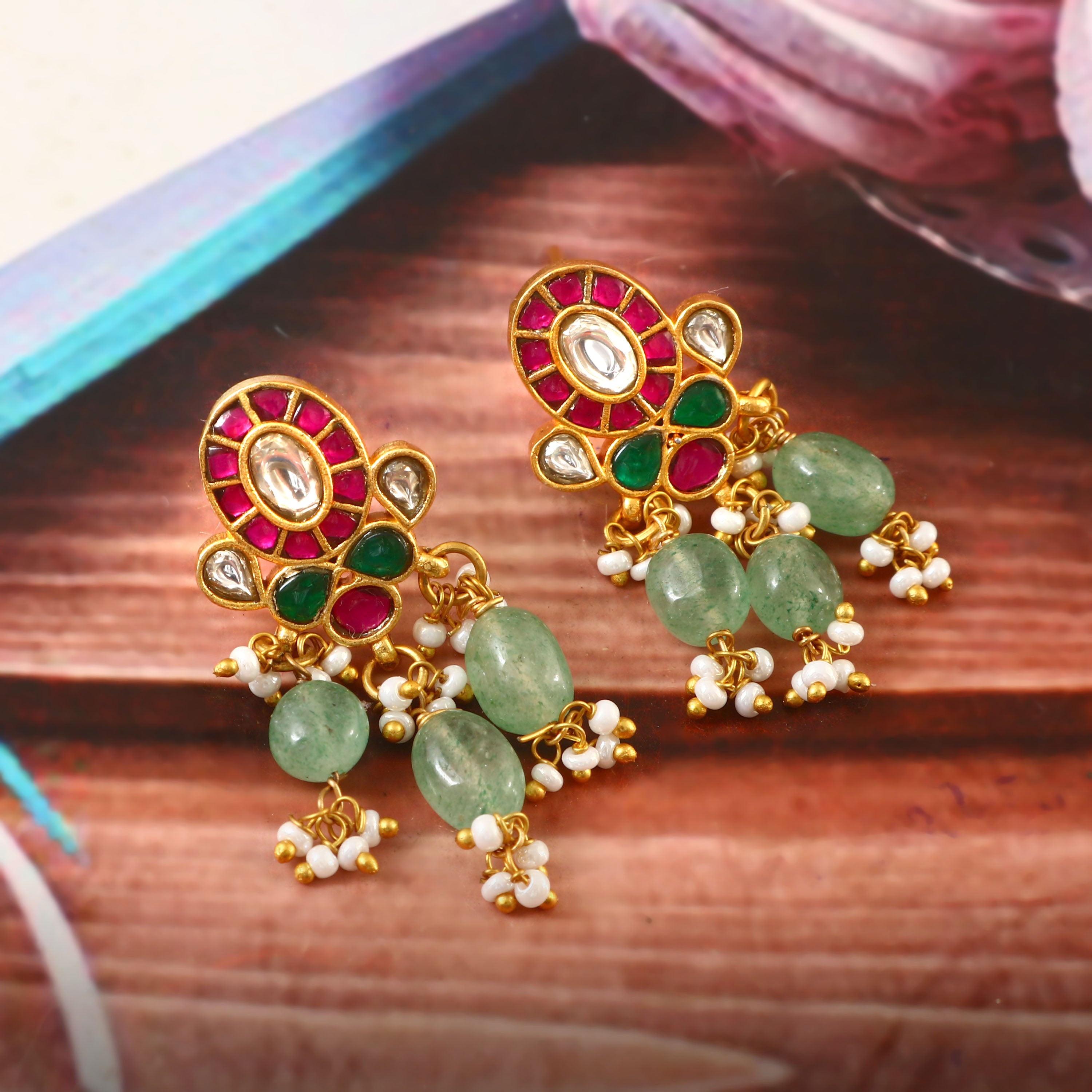 Gold Kundan Earrings with White Stones and Colored Bead Drops