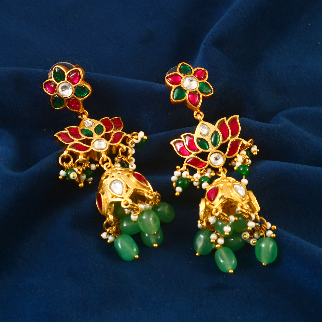 Gold Jadau Kundan Earrings with Red and Green Enamel Floral Tops