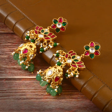 Gold Jadau Kundan Earrings with Red and Green Enamel Floral Tops