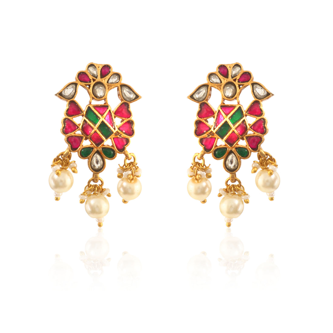 Gold Jadau Kundan Stud Earrings with Red and Green Enamel Geometric Patterns