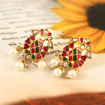 Gold Jadau Kundan Stud Earrings with Red and Green Enamel Geometric Patterns