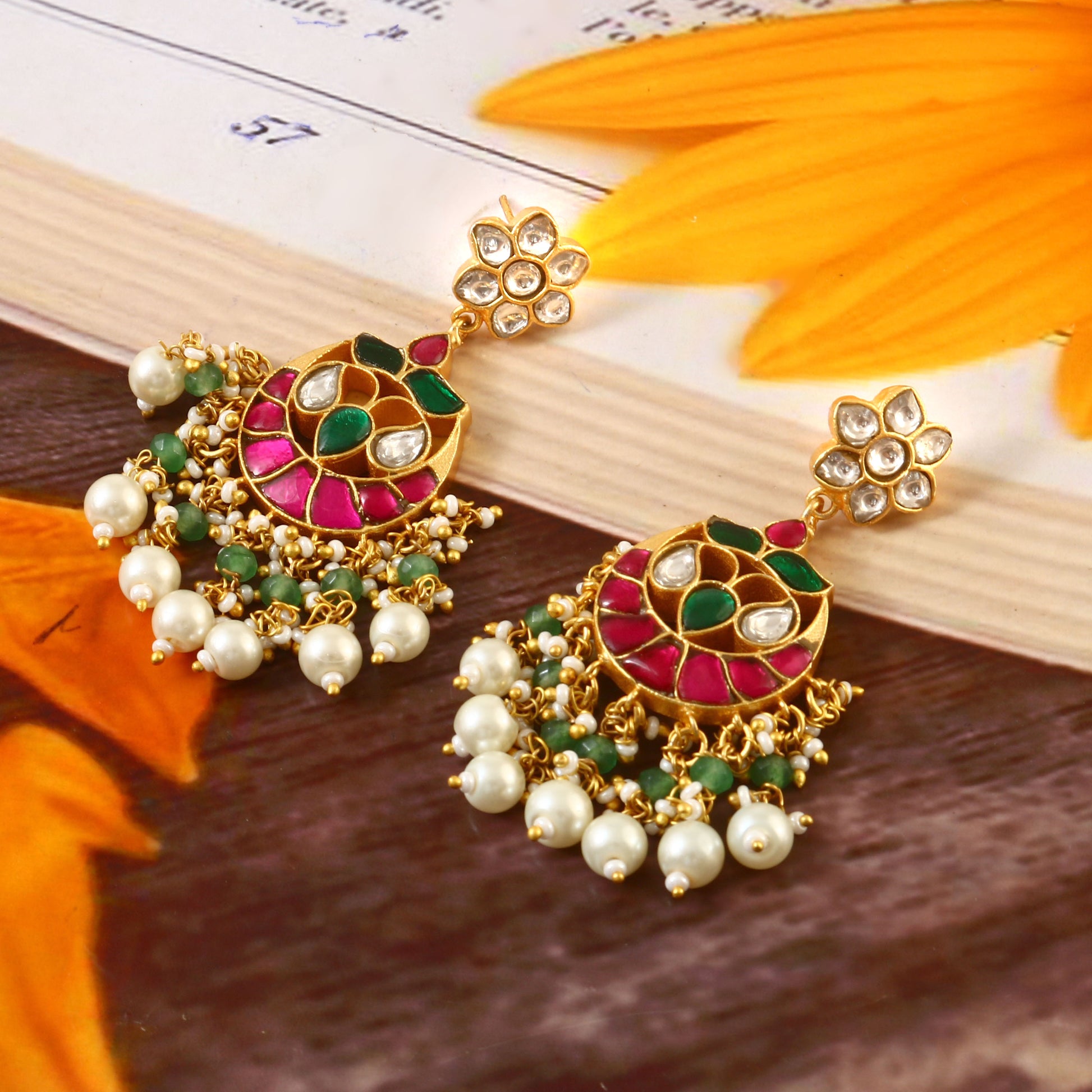 Gold Kundan Earrings with Enamel Colors and Pearl Bead Fringe