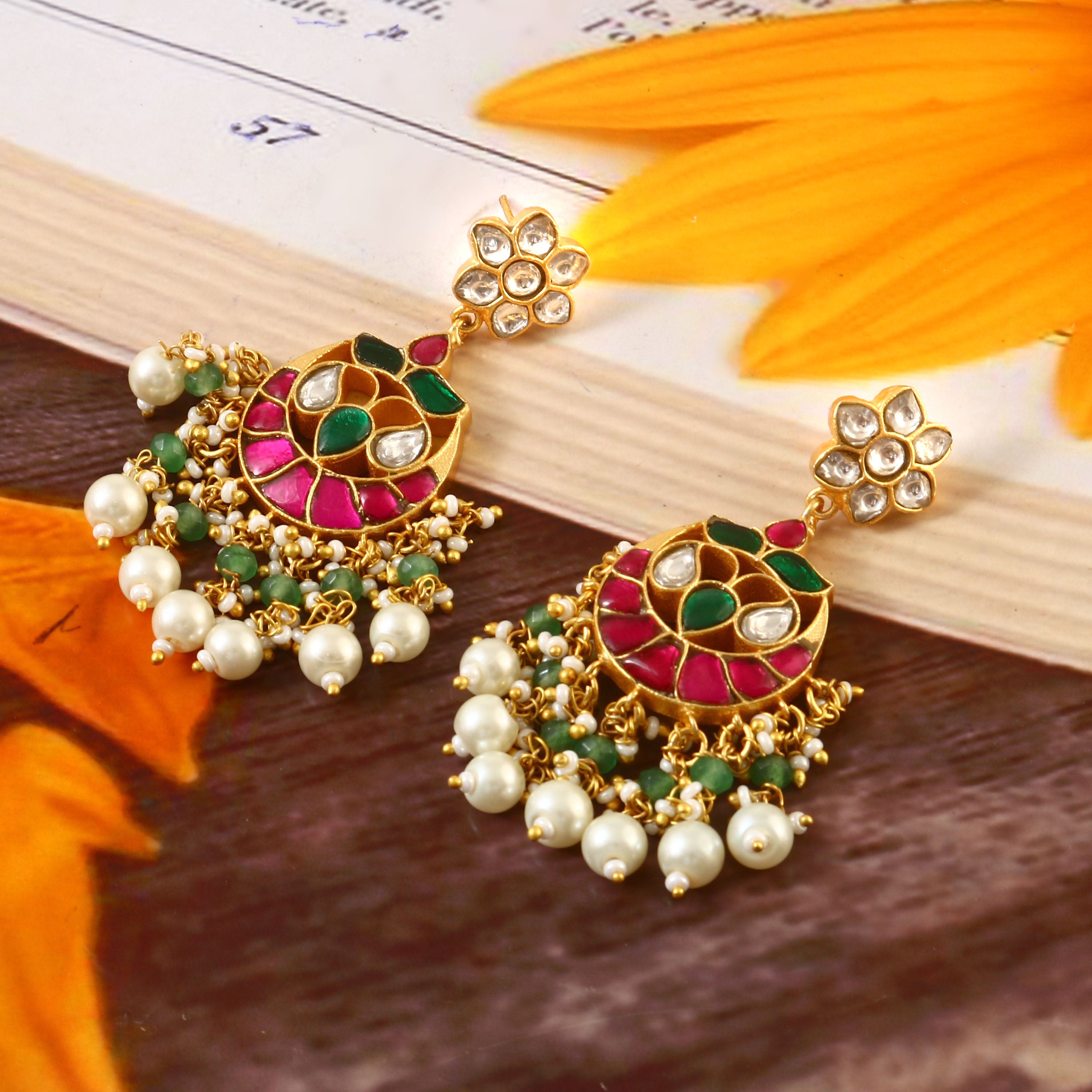 Gold Kundan Earrings with Enamel Colors and Pearl Bead Fringe