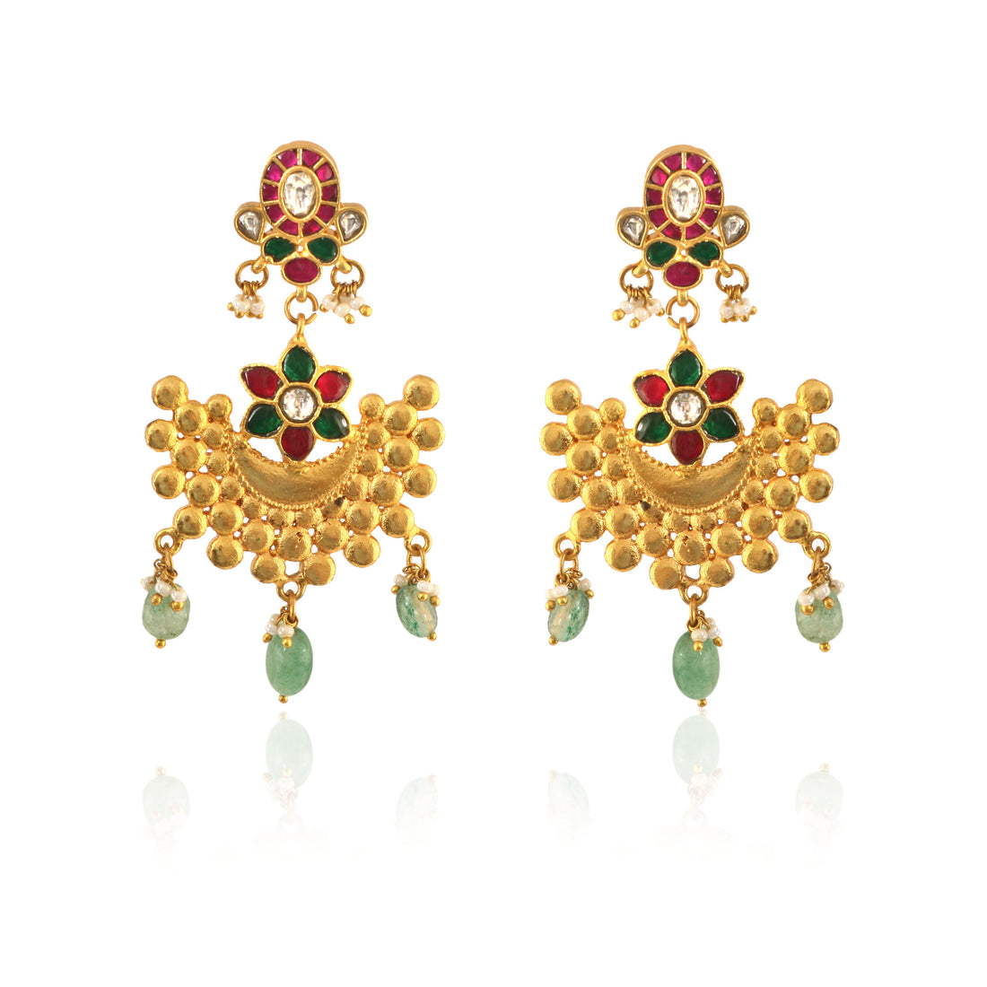 Gold Kundan Earrings with Colorful Enamel and Bead Tassels