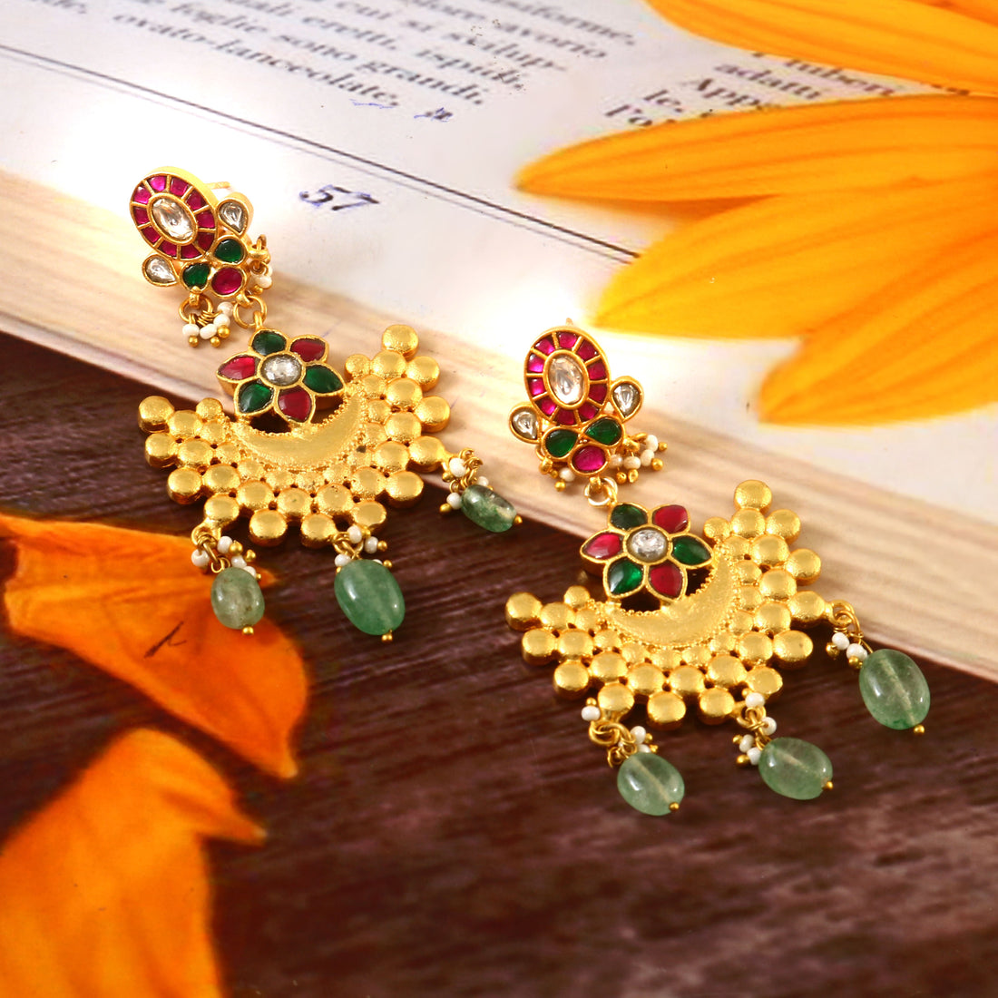 Gold Kundan Earrings with Colorful Enamel and Bead Tassels