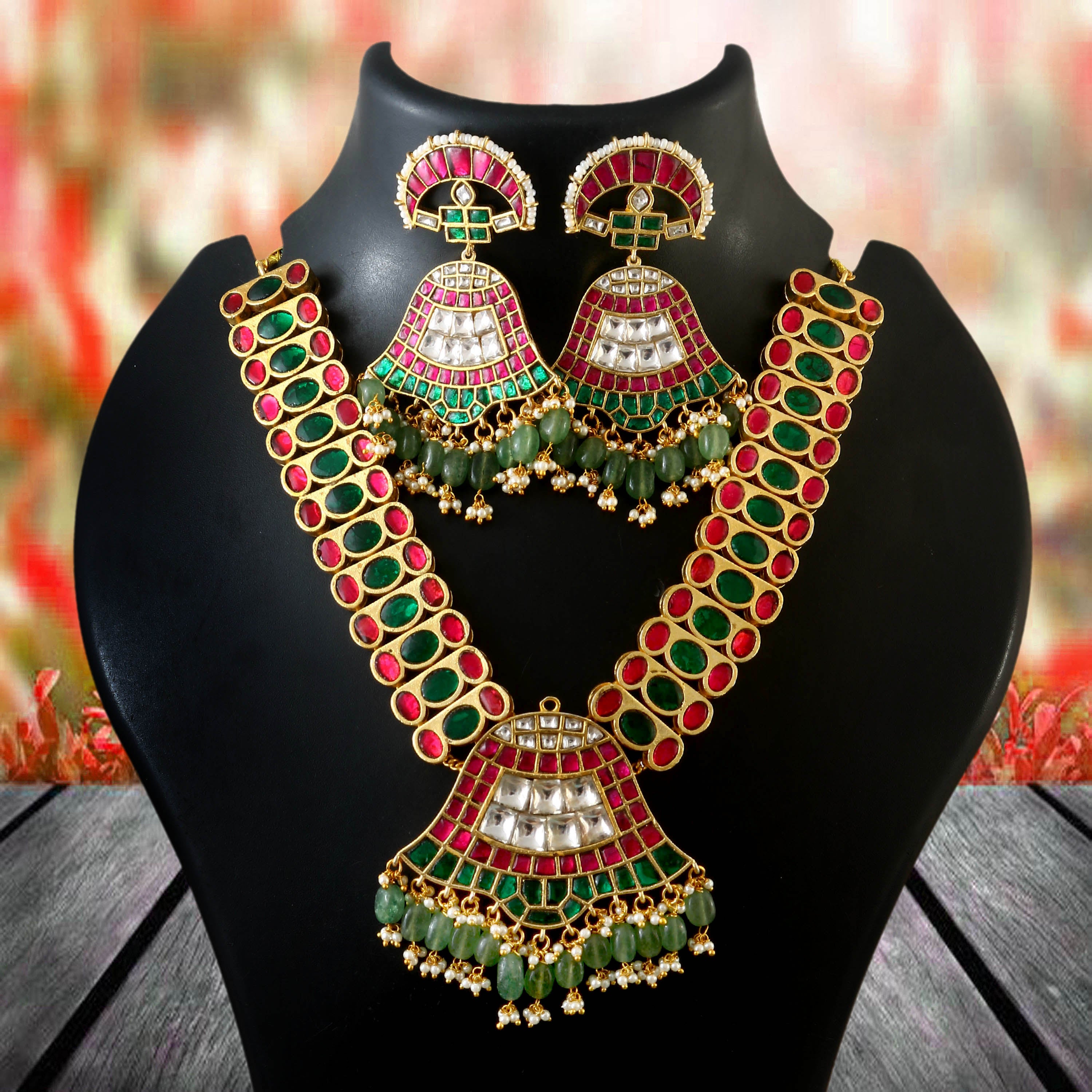Gold Plated Jadau Necklace With Matching Earrings