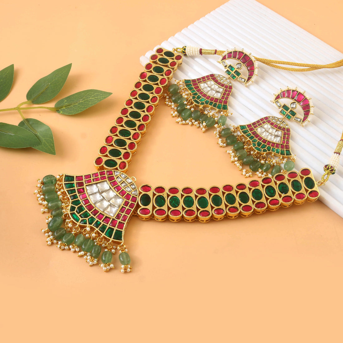 Gold Plated Jadau Necklace With Matching Earrings