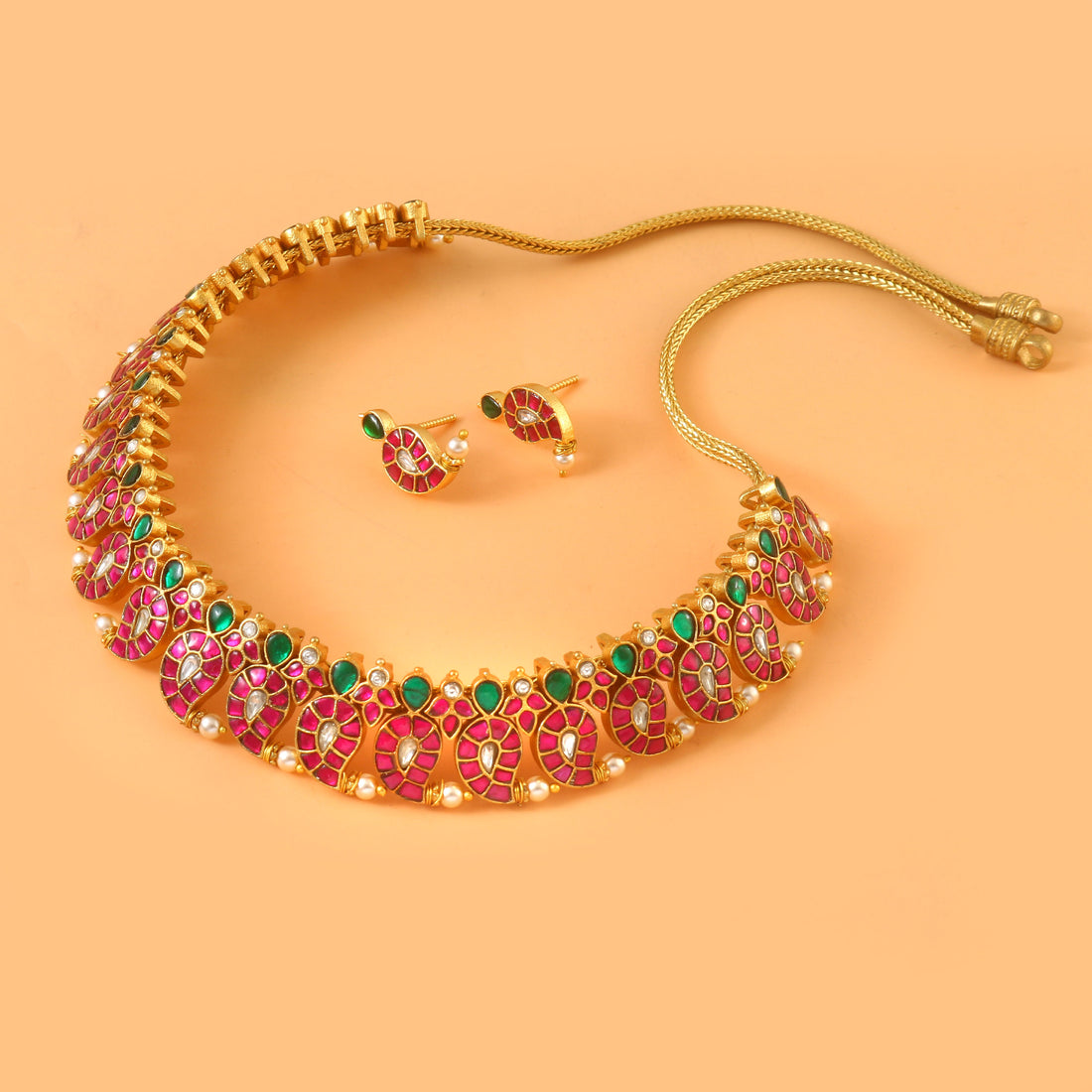 Jadau Kundan Necklace Set with Red and Green Stones for Weddings