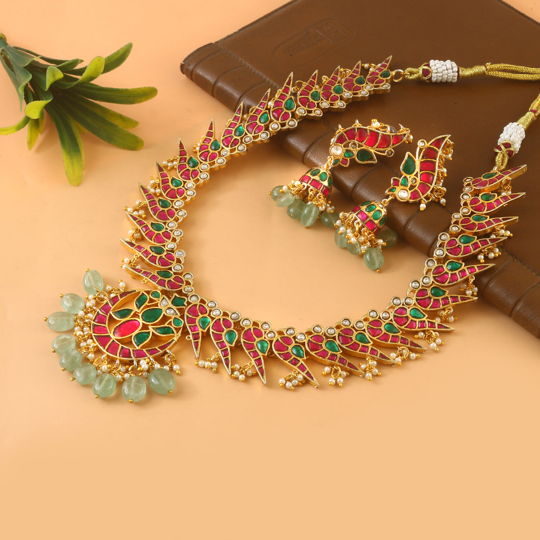 Jadau Kundan Necklace and Earrings Set Red Green Traditional Jewelry