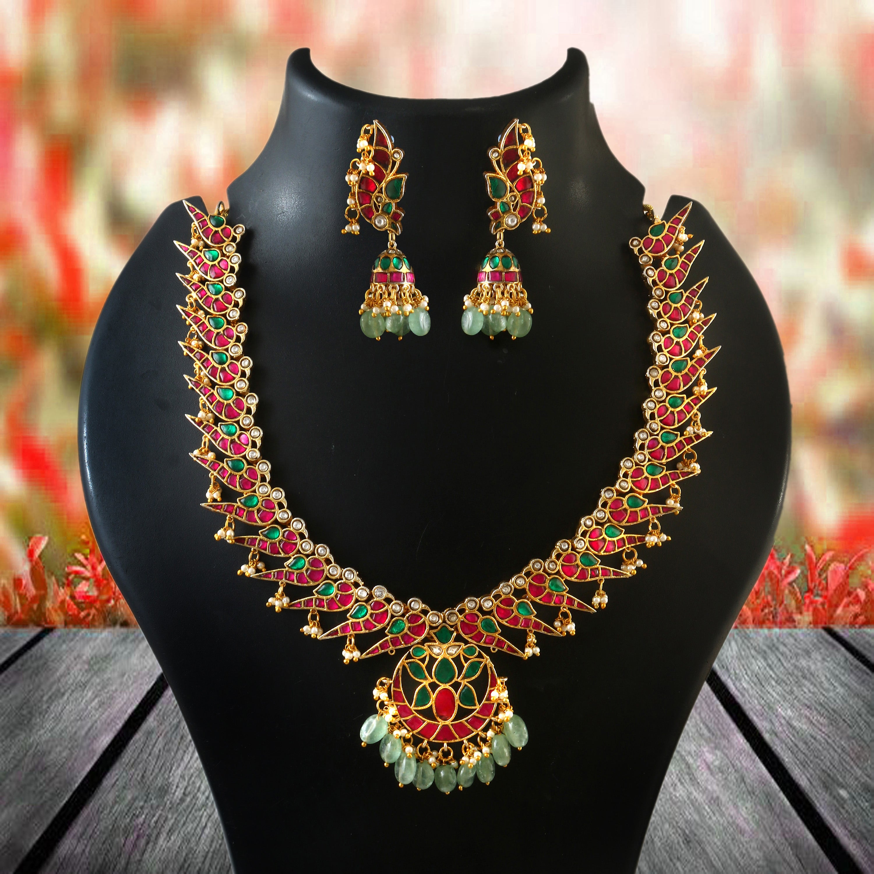 Jadau Kundan Necklace and Earrings Set Red Green Traditional Jewelry