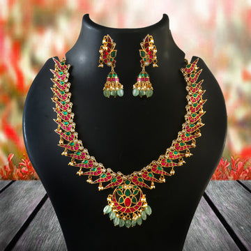 Jadau Kundan Necklace and Earrings Set Red Green Traditional Jewelry