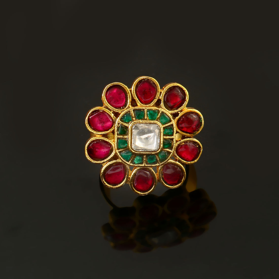 Floral Design Gold-Plated Kundan Rings with Red and Green Stones
