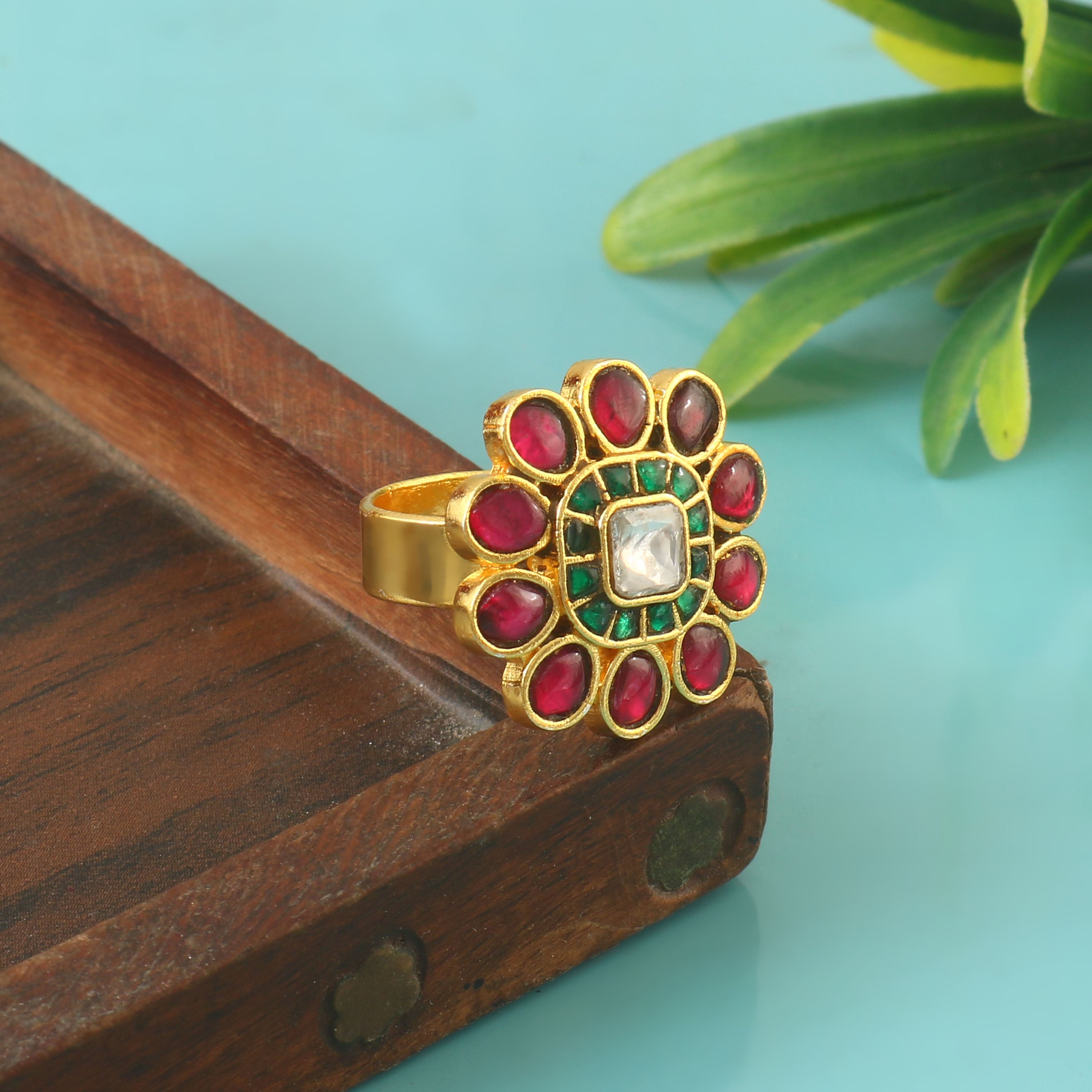 Floral Design Gold-Plated Kundan Rings with Red and Green Stones