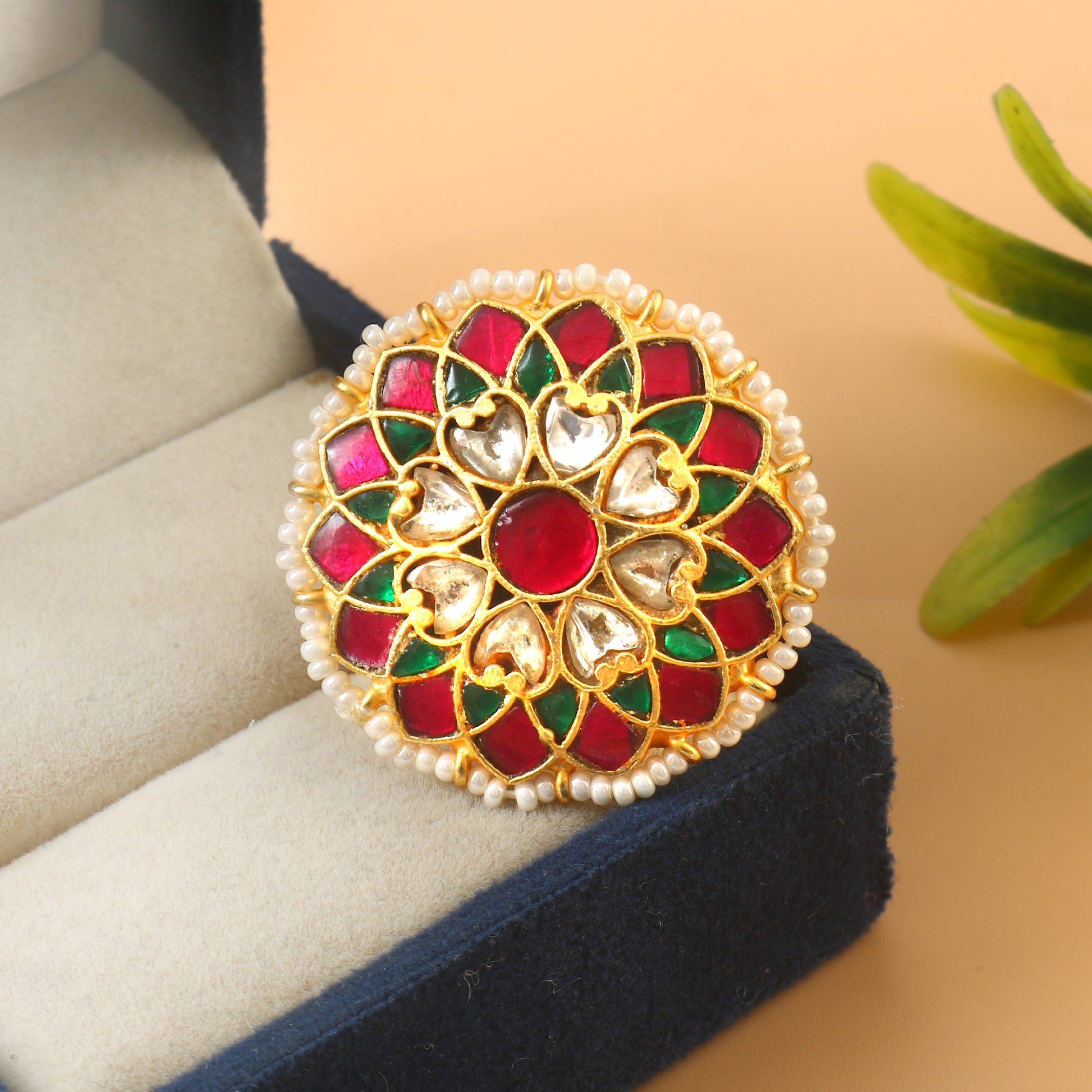 Bridal Style Kundan Ring with Coloured Kundan Stones
