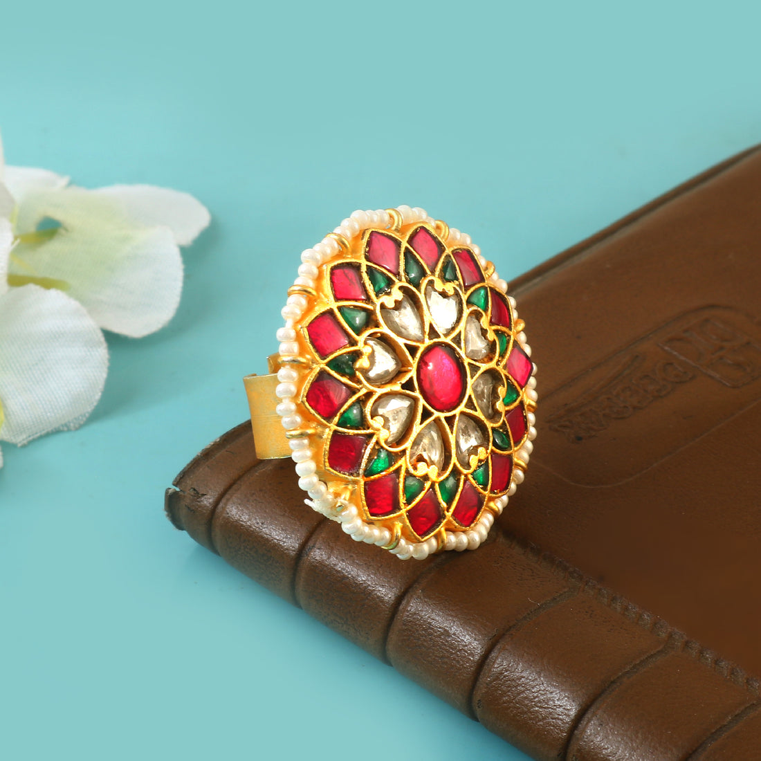 Bridal Style Kundan Ring with Coloured Kundan Stones
