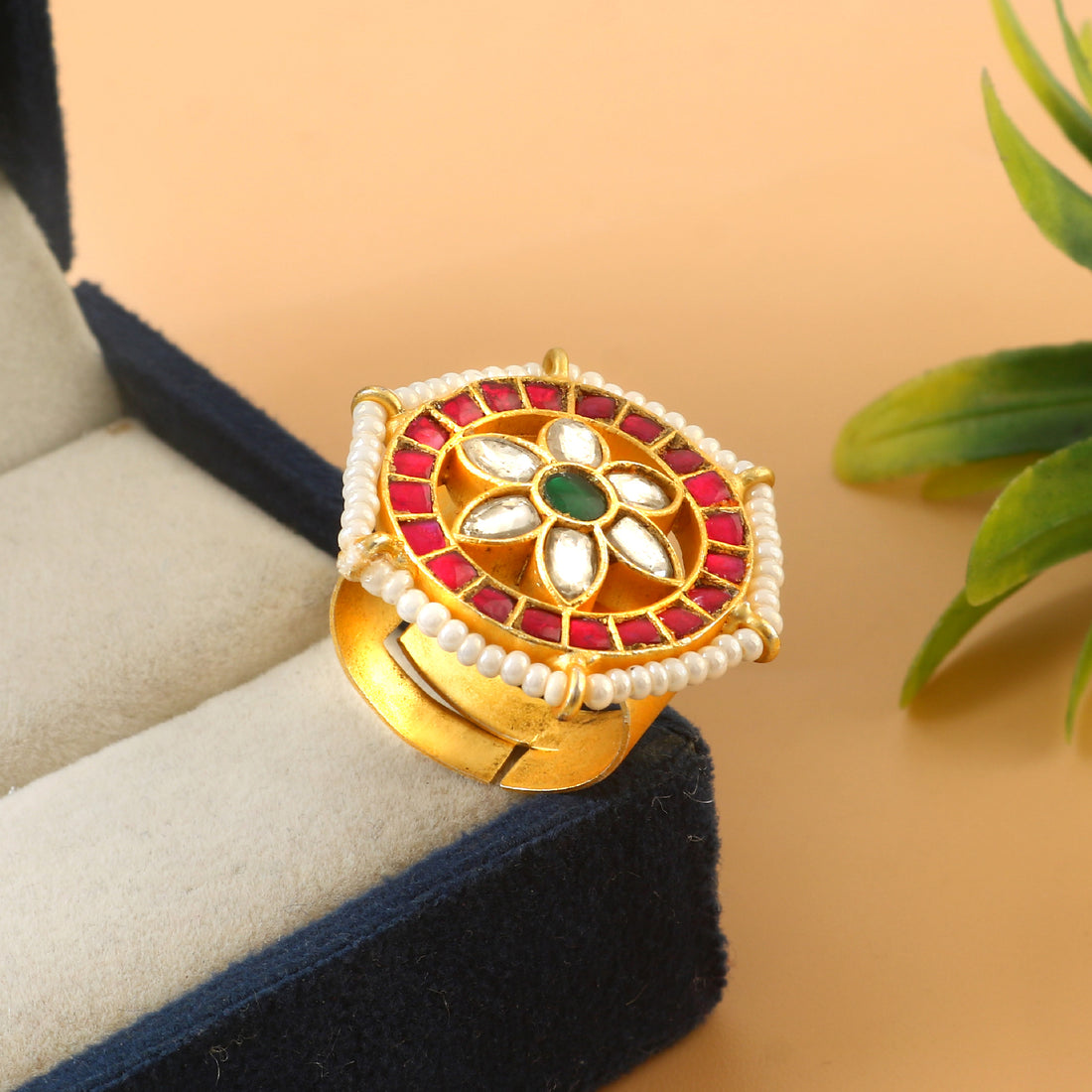 Statement Kundan Rings Featuring Red Kundan Stones and Ornate Gold Work