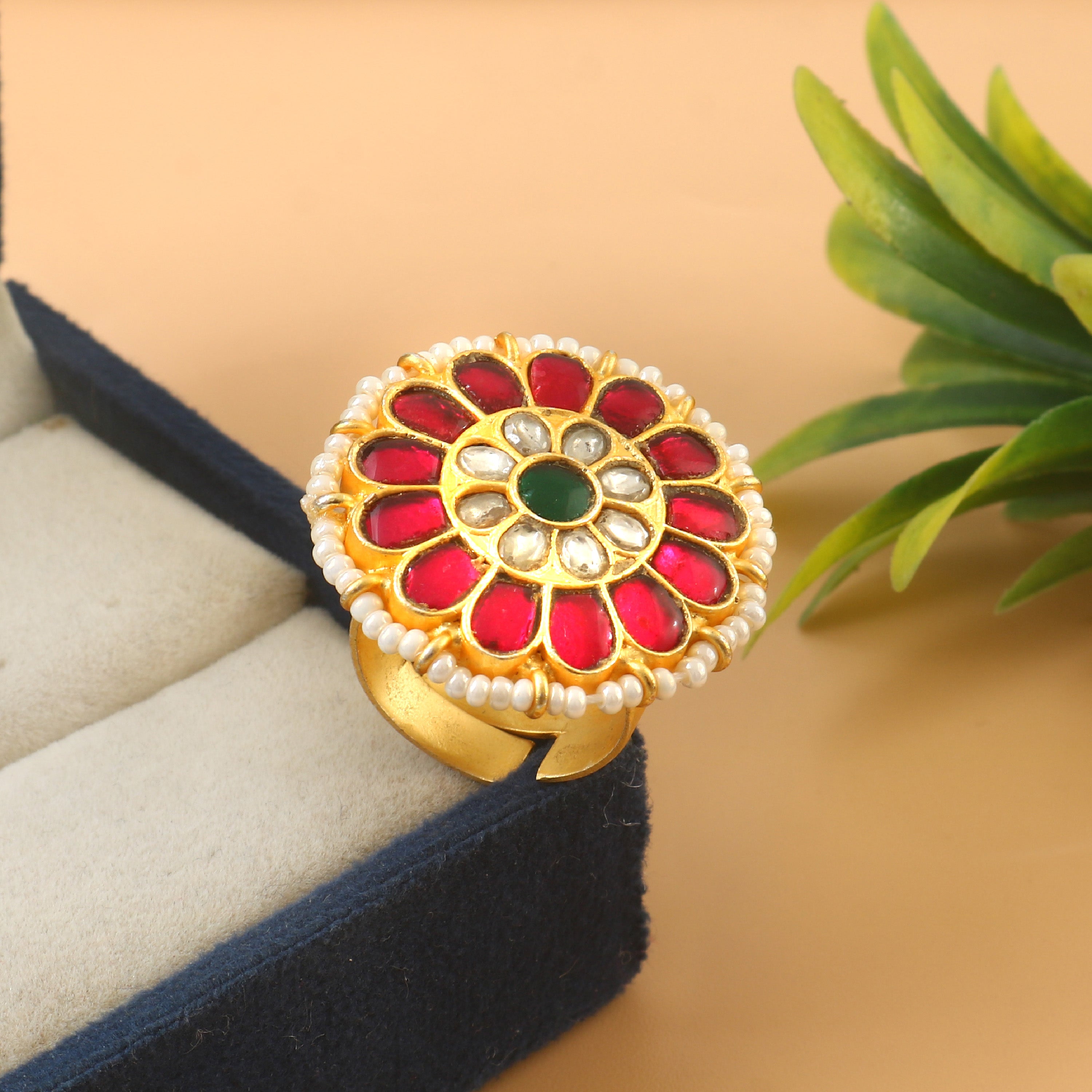 Elegant Jadau Kundan Rings with Red, Green and White Stone Design