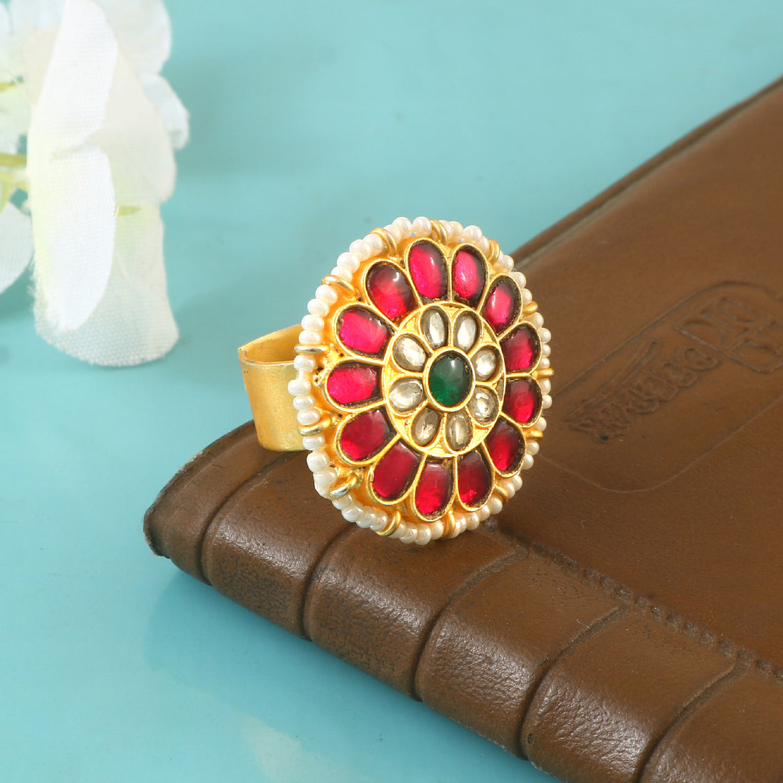Elegant Jadau Kundan Rings with Red, Green and White Stone Design