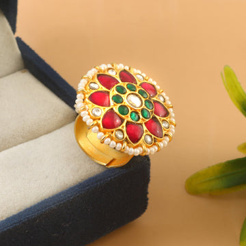 Gold-Plated Kundan Ring with Vibrant Green and Ruby Red Stones